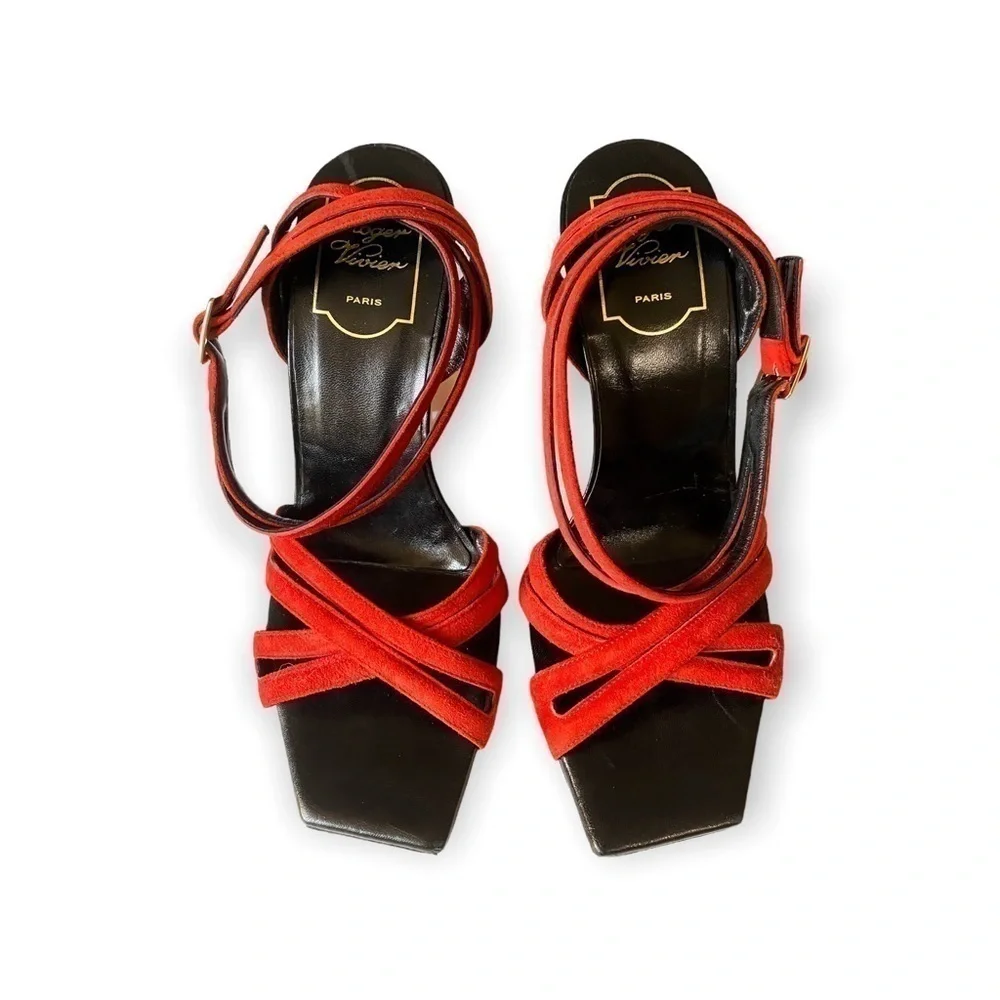 ROGER VIVIER Suede Wedge Sandals Size:‎ 37.5 EU, Red